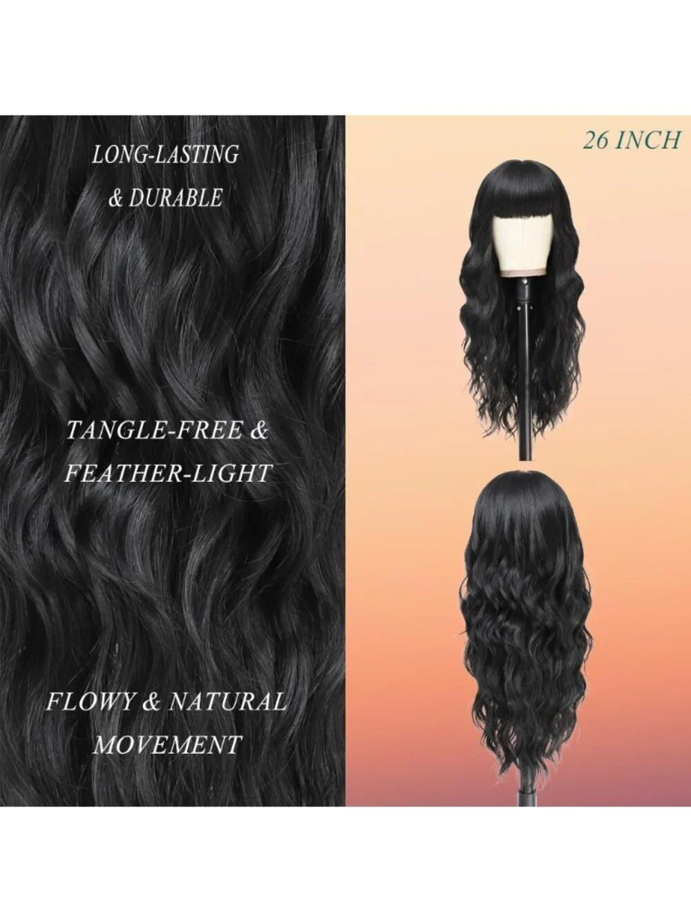 26 Inch Women's Black Soft Layered Wavy Curly Hair Wig with Natural Shine